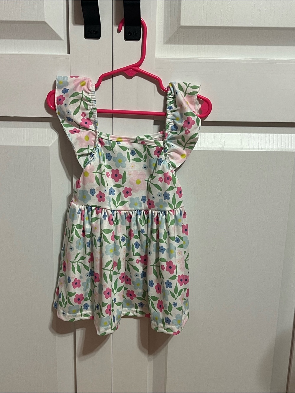 Toddler Floral Flutter-Sleeve Dress - White with Pink & Blue Flowers